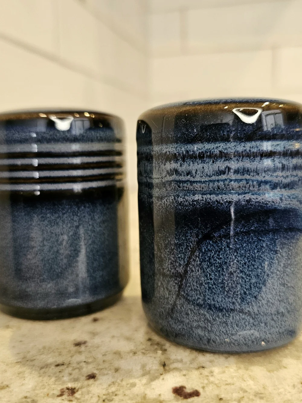 Set Of Dark Blue Glazed Ceramic Salt And Pepper THL Blue Drip Glaze Farmhouse